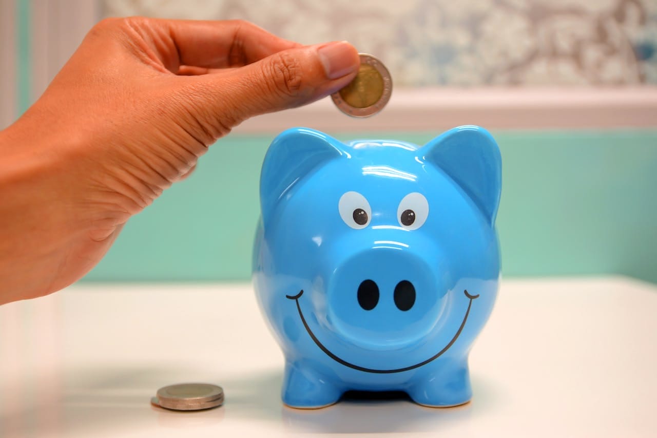 A person puts a coin in a piggy bank.